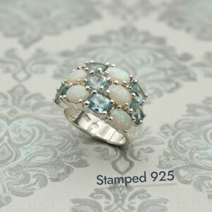 Triple  wide row white opal and blue topaz ring Stamped 925